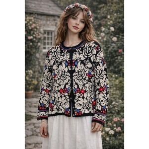 VTG 90s Susan Bristol Hand Embroidered Floral Cottage Boho Maximalist Cardigan S
